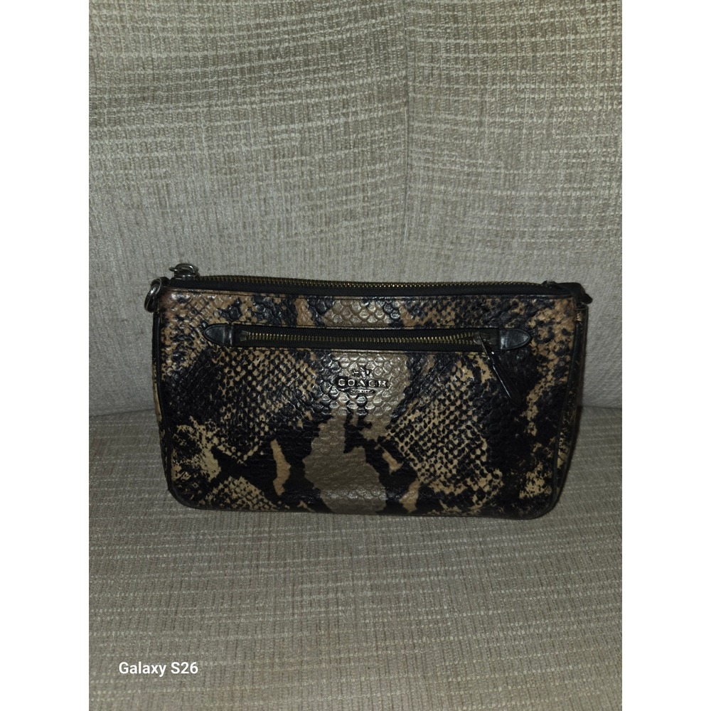 54. Coach Snakeskin Embossed Leather Small Wristlet Chain Bag Brown Black